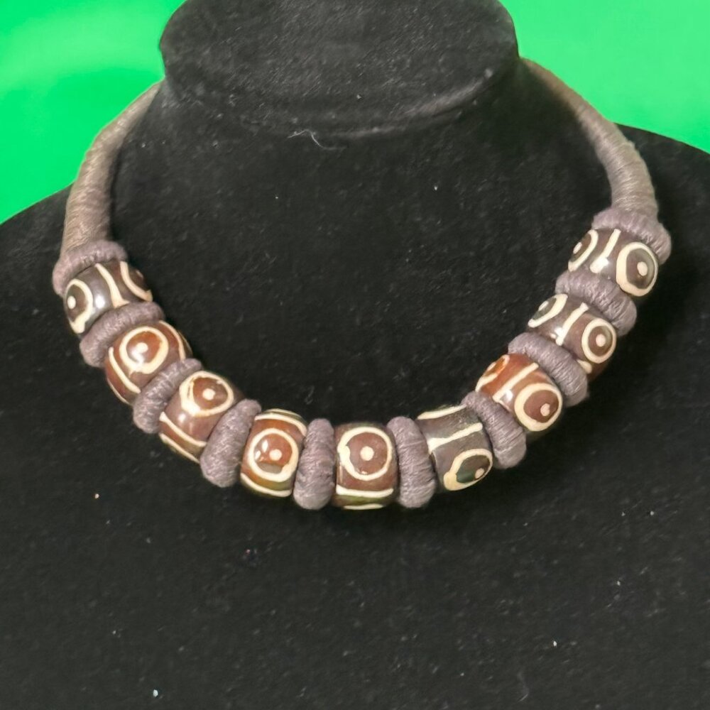 Vintage Handcrafted Tribal Brown White Beaded Necklace With Wrapped Cord Design